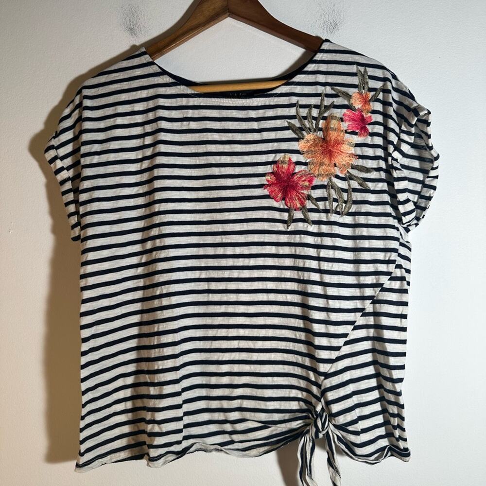 W5 Black and White Striped Top with Floral Embroidery